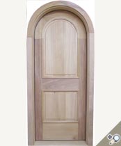 D119 Round Top entry door in African Mahagony with applied moldings and raised v-groove panel.