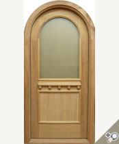 Exterior pre-hung G114RT custom entrance unit in Solid African Mahogany with Flat V-Grooved Panel RM5 applied moldings, CS1 decorative shelf and dual pane insulated acid etched tempered glass.