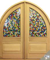 Quarter Sawn White Oak DBL Entrance Unit with triple pane insulated stained glass.