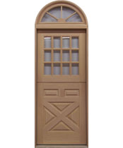 Vertical grain Douglas fir custom Dutch door entrance unit with true divided light insulated glass and arched fan light transom T16. This unique unit features a copper weather seal at the seam of the bottom and top door.