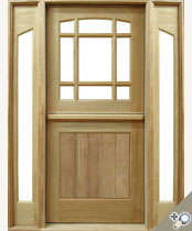 African Mahogany DD228 Dutch Entrance unit shown with S02 sidelights. Clear insulated glass and v-groove panel.