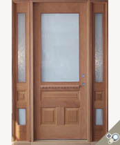 Honduran mahogany G155 with Custom Sidelights and dentil delf. Clear insulated beveled glass in door. Insulated Glue Chip glass in sidelights.