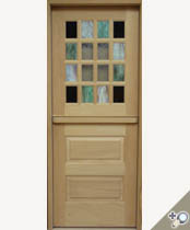 Solid Spanish cedar design made using DD223 top section with custom stained glass design and DD201 bottom section with raised panels.