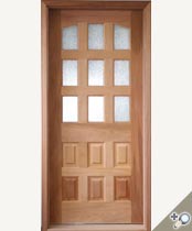 Custom Honduran Mahogany entry door with insulated original pattern 62 decorative glass.