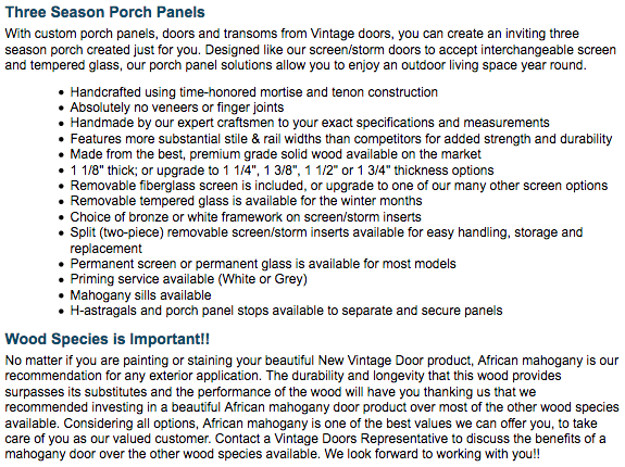 Traditional Style Three Season Porch Panel Enclosures - Vintage Doors