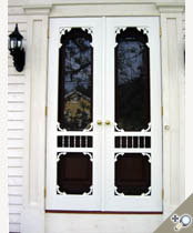 Double Ocean View screen & storm door from our Victorian collection. Installed with brass hardware. Browse more Victorian designs which can be made into double doors like this one.